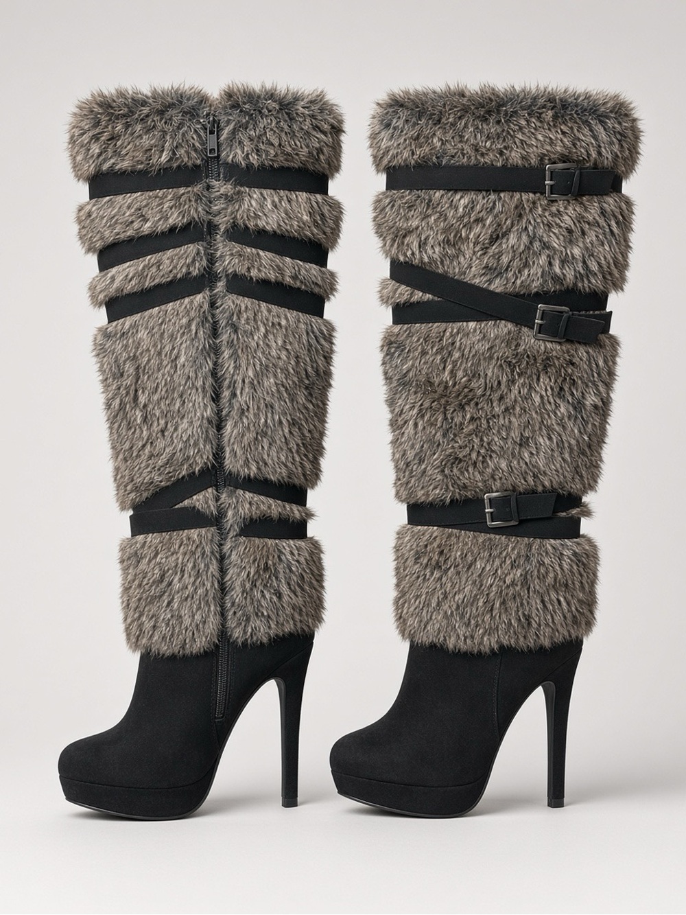 Calinah Black Faux Fur Stiletto Boots Sz 7
